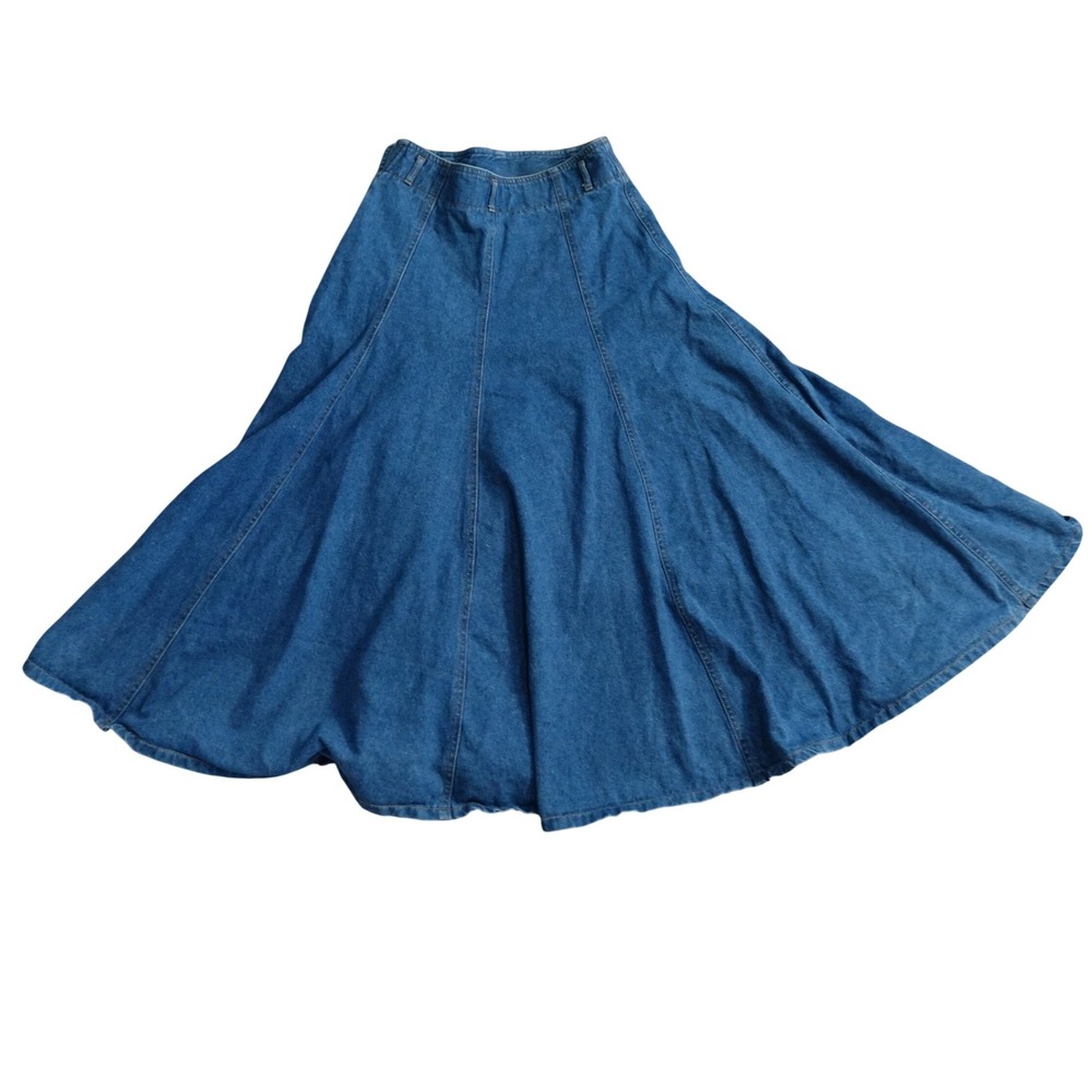 LizWear Vintage 90's Denim Maxi Skirt Button Waist A-Line Full Sweep Blue Size M - Picture 8 of 10